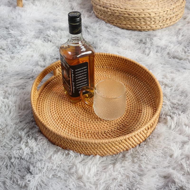 DECRAFTS Coffee Table Tray Round Rattan Ottoman Tray Woven Serving Trays with Handles for Home and Kitchen Decorative Natural (Large 14 inch x 2.4 inch) - Image 4